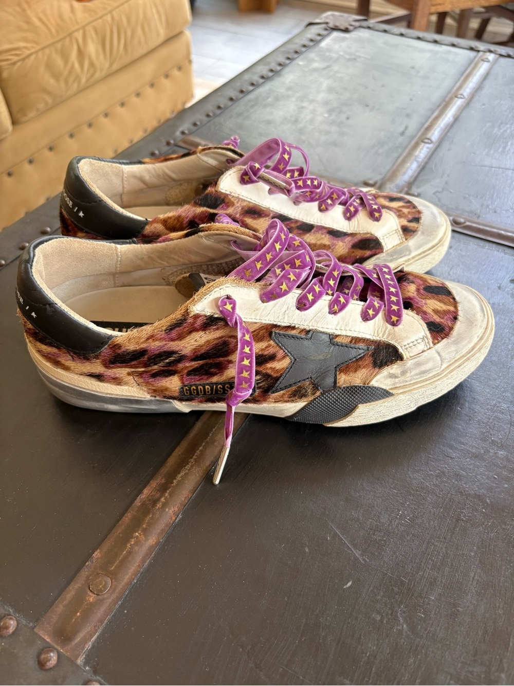 Golden Goose Leopard Print Low-Top Sneakers with Purple Laces